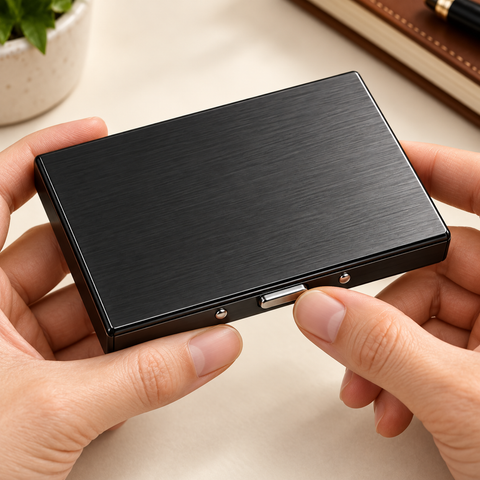 Hands checking the closed black card case and metal clasp