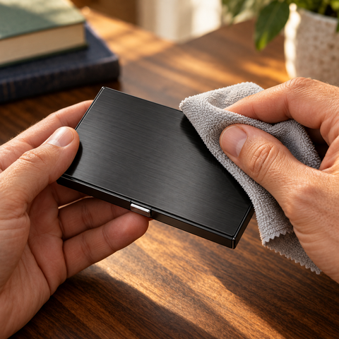 Wiping the closed stainless steel case with a soft cloth