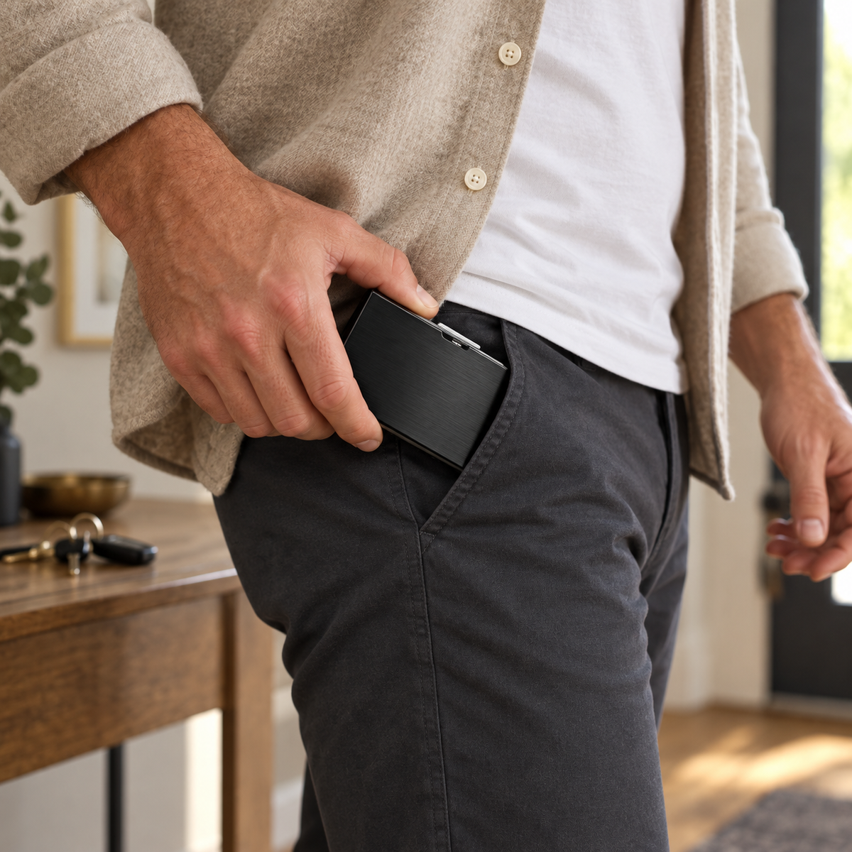 Slipping a closed black card case into a front trouser pocket