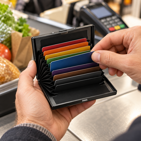 Choosing a card from the open wallet at a grocery checkout