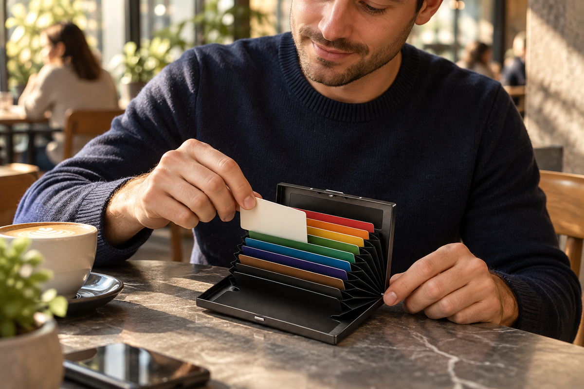 Taking a card from the wallet at a cafe